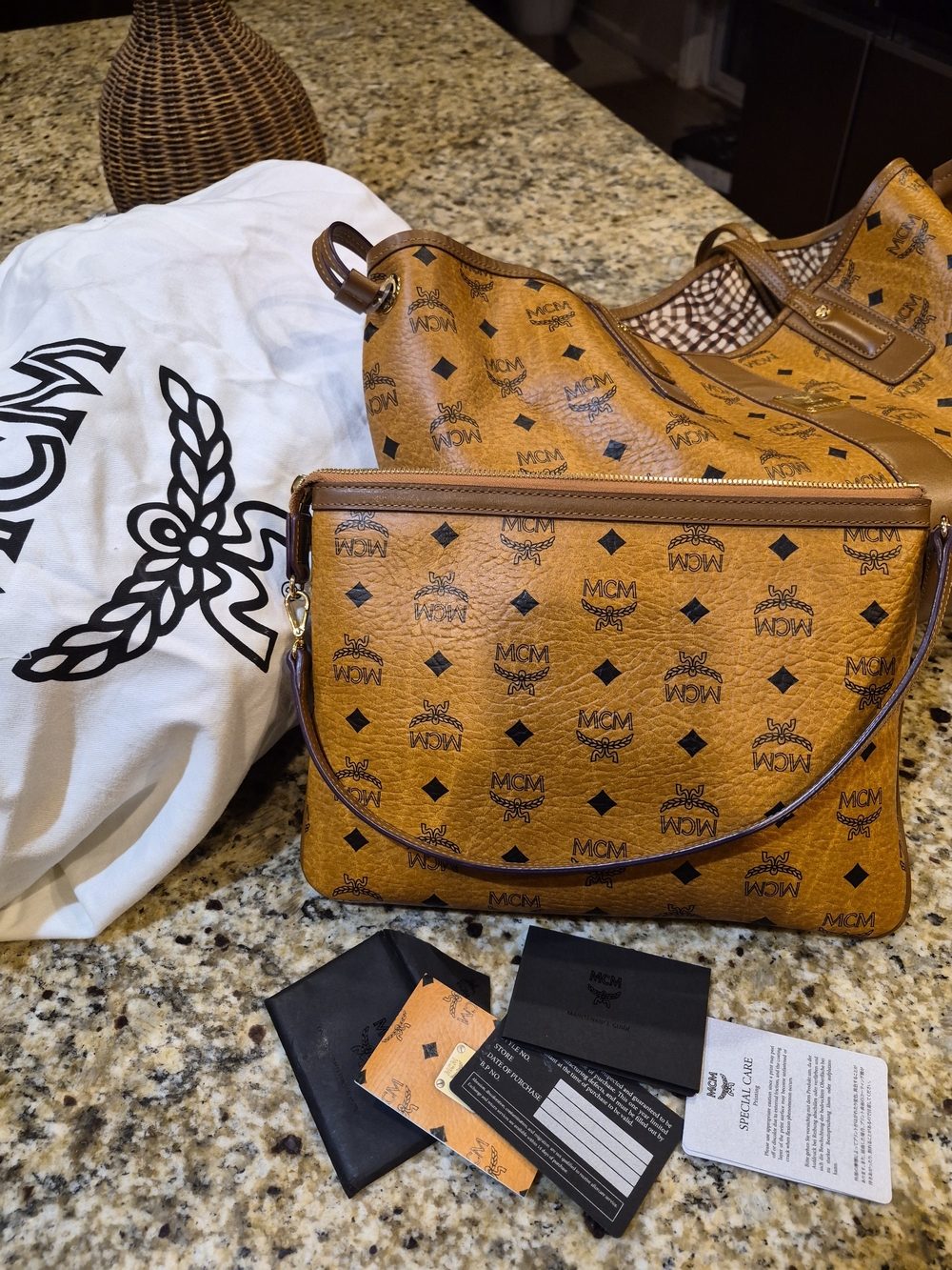 MCM Cognac Visetos Logo Tote with Matching Pouch - Picture 7 of 8